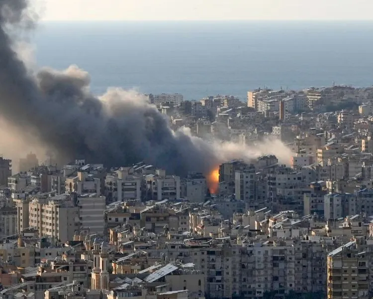 Flames and smoke rising after Israeli airstrikes on Dahiyeh, a southern suburb of Beirut, Lebanon, on Monday. Photograph: Hassan Ammar/AP